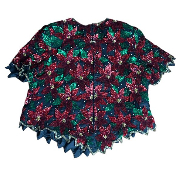 VTG Laurence Kazar 2X Silk Beaded Sequin Poinsettia Christmas Top Blouse - Picture 7 of 7